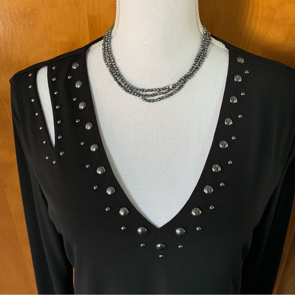 INC asymmetrical studded V neck long sleeve top - Picture 4 of 10